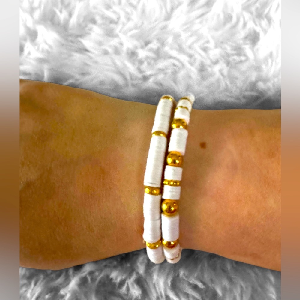 6 1/2 inch Gold and White Stacking Clay Bracelets